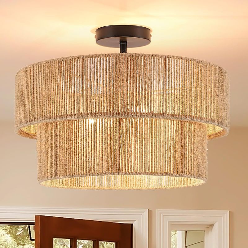 Fenluster Boho Semi Flush Mount Ceiling Light Rattan Ceiling Light 18 inch Farmhouse