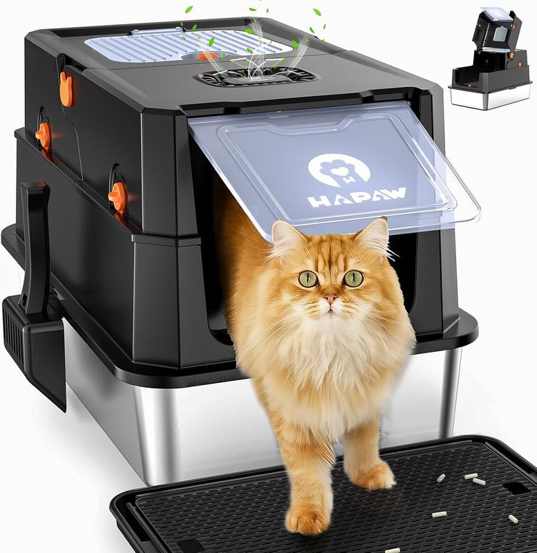 HAPAW Stainless Steel Litter Box with Lid, Anti-Leakage Enclosed Metal Litter