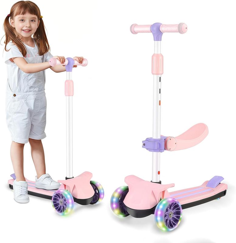 Wheelive 2 in 1 Kids Scooter with Removable Seat, Light up 3 Wheels Kick Scooter