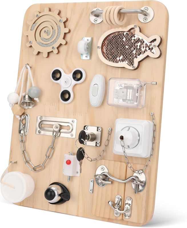 Pithfor Wooden Montessori Busy Board, Montessori Sensory Activity Board Toys