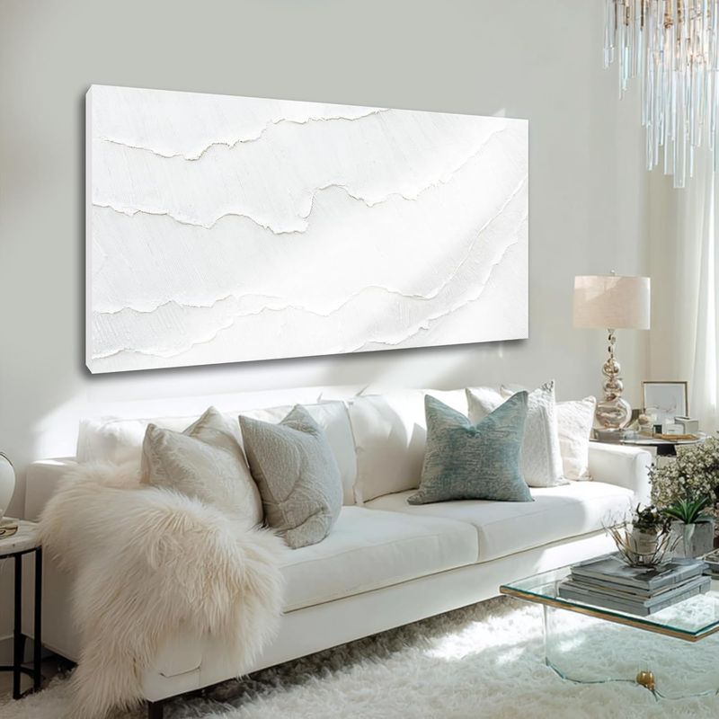 WINKAILIN White Abstract Textured Wall Art Modern 24x48 inch Canvas Ocean Wave