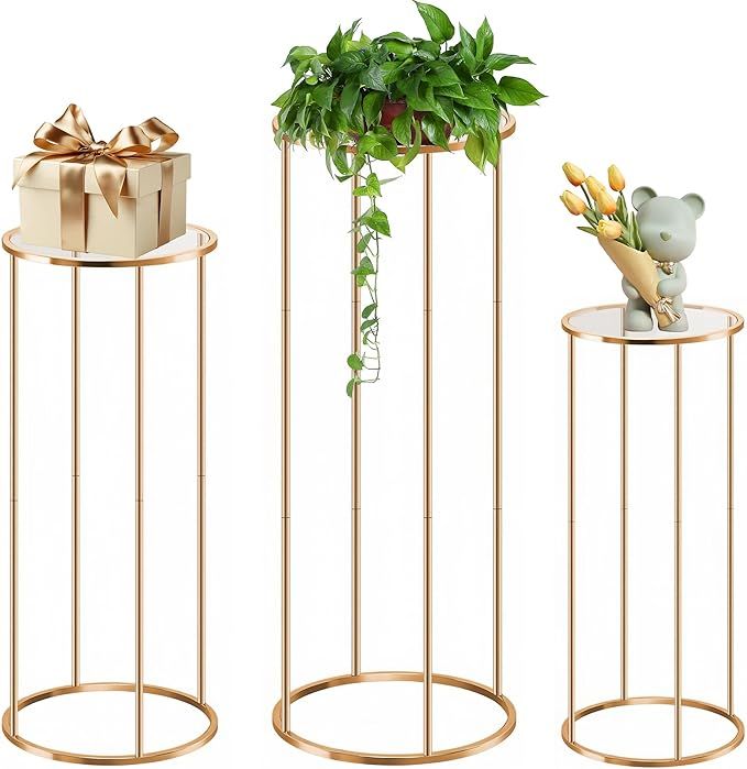 Cylinder Stands for party, 3PCS Elegant Gold Metal Plant Round Pedestal Stand,