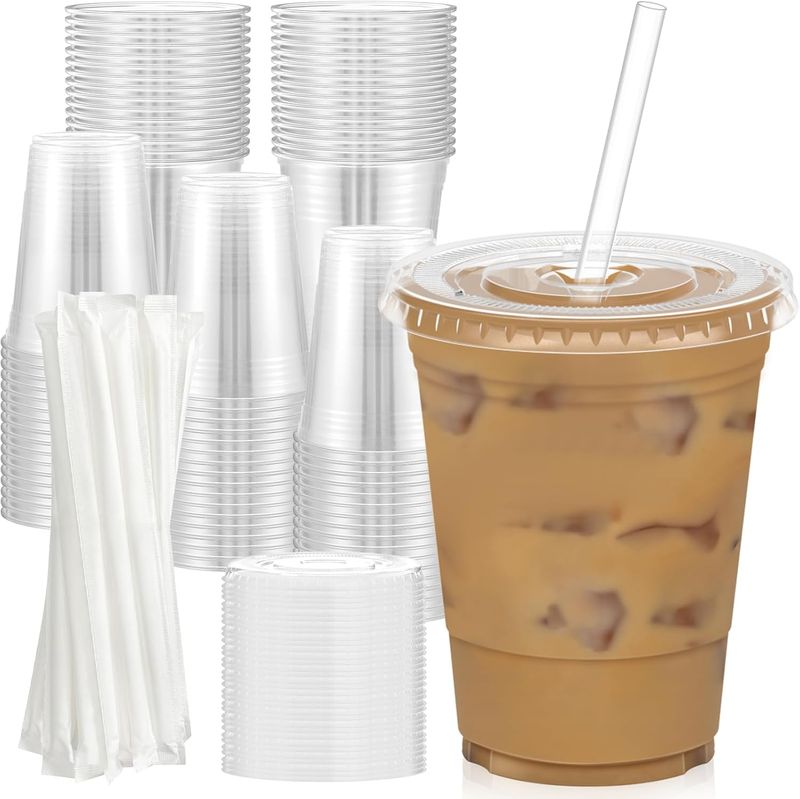 Dealusy 100 Pack - 16 oz Clear Plastic Cups with Lids and Straws, Sturdy & Food