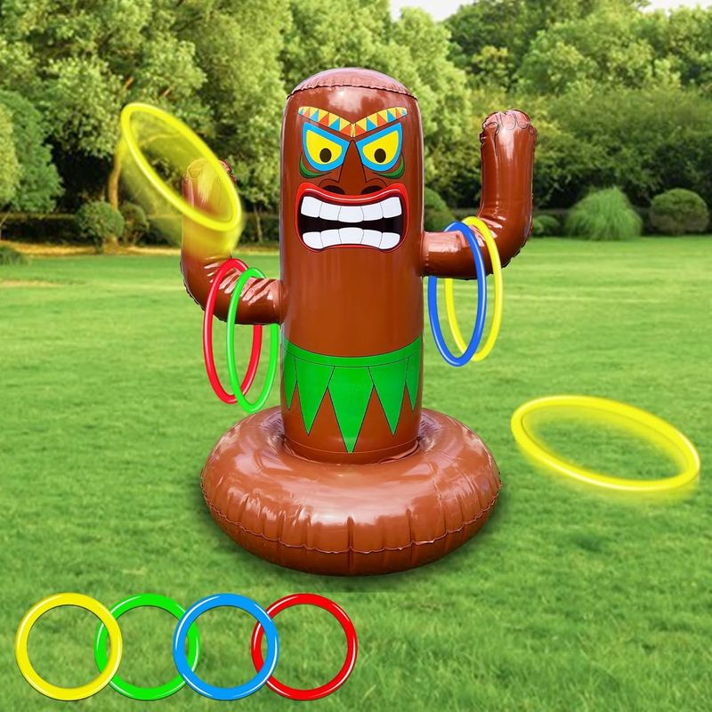 25 inch Inflatable Luau Tiki Pool Toss Games, Tiki Pool Ring Toss Toys with 4 Rings