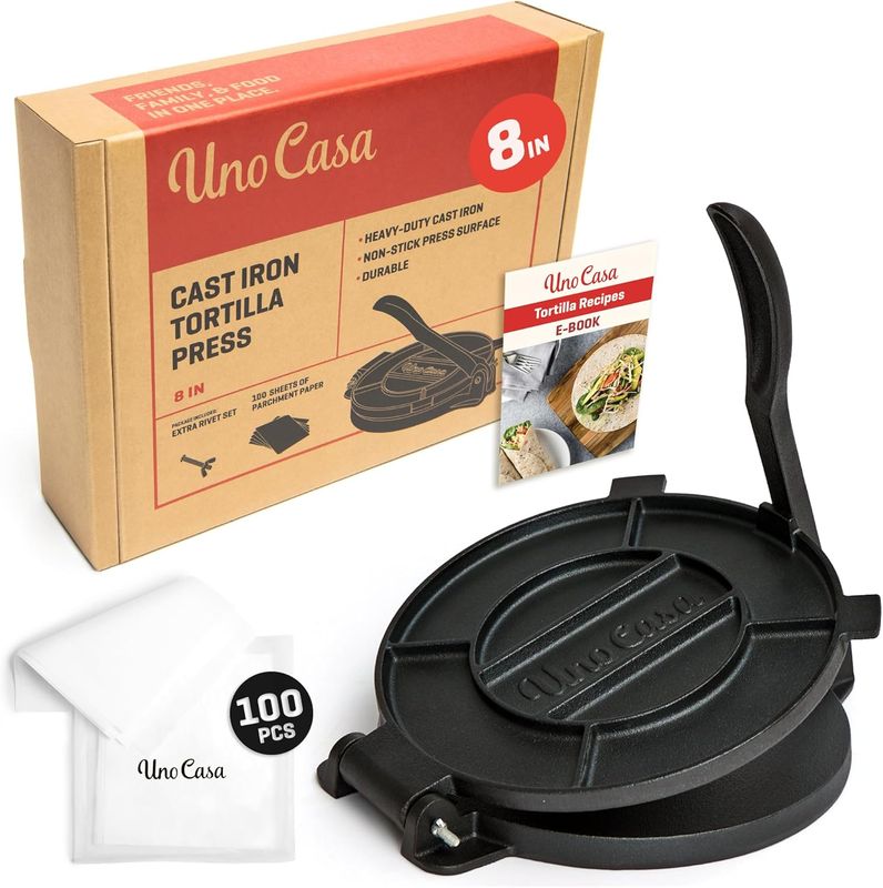 Uno Casa Cast Iron Tortilla Press 8 Inch - Tortilla Maker Press, Pre-Seasoned