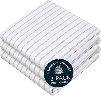 Beige Stripe Kitchen Towels, 5 Pack, 100% Cotton, Super Absorbent and Quick Dry