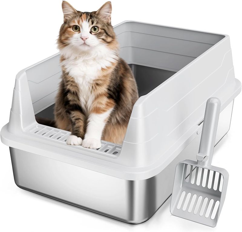 Stainless Steel Cat Litter Box, Odor Free Metal Litter Box with High Sides Lid,