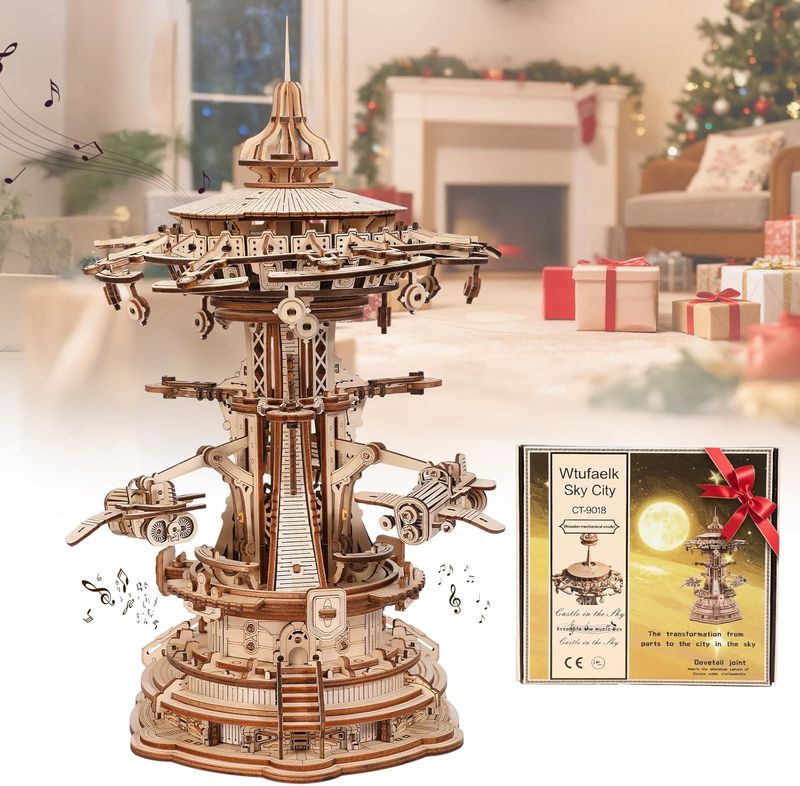 3D Wooden Puzzles for Adults Mechanical Music Box - Sky City Rotating Model