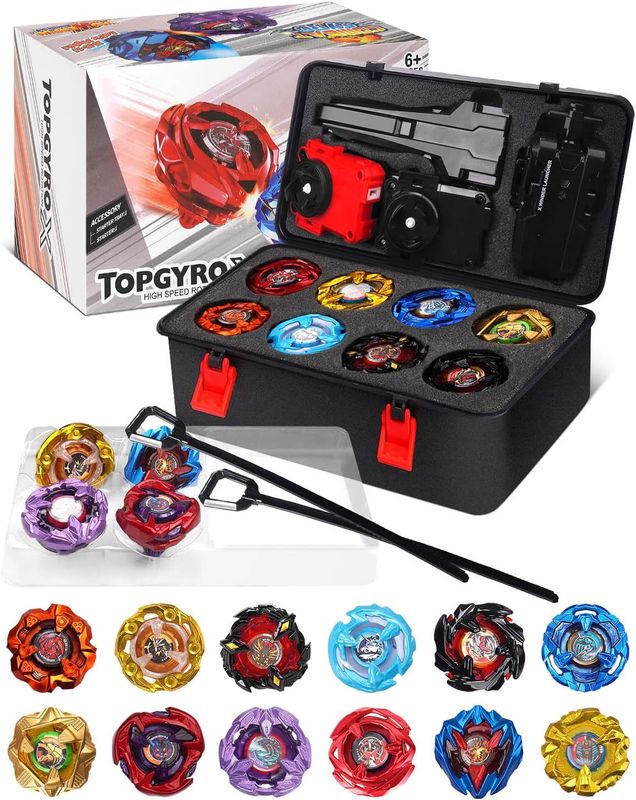 DEZAWRTY Gyro X Set, 12 Right Spinning X Blade Tops, 2 Ripcord Launchers