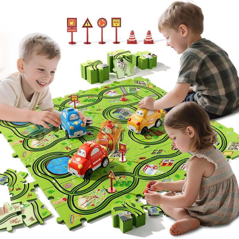 BLmukce 64-Piece Puzzle Race Car Track Set for Toddlers 1-3 | City-Themed
