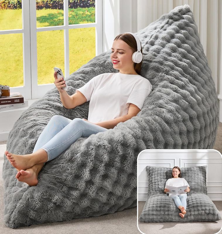 Hobestluk 3 in 1 Giant Bean Bag Chair, Velvet Grey