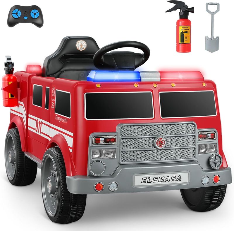 ELEMARA 12V Ride on Fire Truck, Battery Powered Toddler Electric Vehicle
