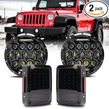 7 inch LED Headlights with Smoked Tail Lights for 97-18 Jeep Wrangler JK/TJ/LJ