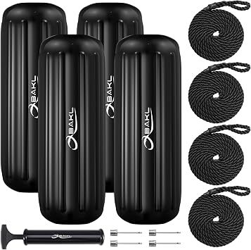 OBAKL 4 Pack, 10 inchx28 inch Ribbed Center Hole Boat Fenders Bumpers, Obsidian Black
