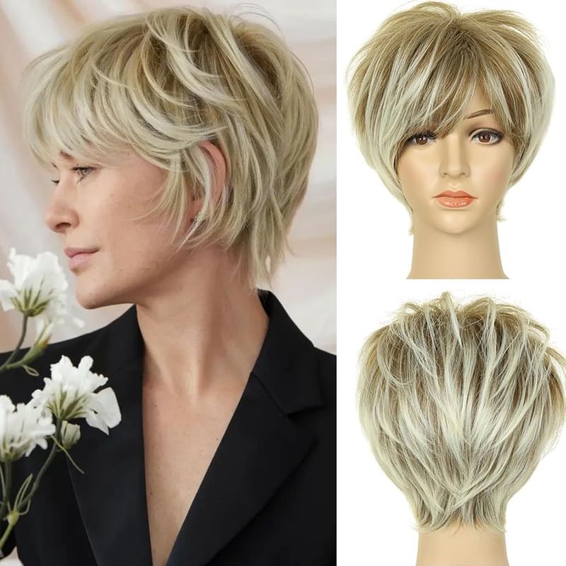 QUEENTAS Pixie Cut Wig with Bangs for White Women Short Blonde with Dark Roots