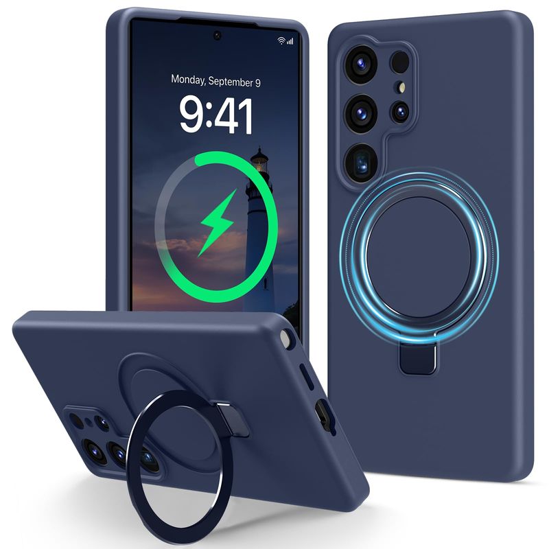 Slim Liquid Silicone Case for Samsung Galaxy S25 Ultra with Kickstand Dark Blue