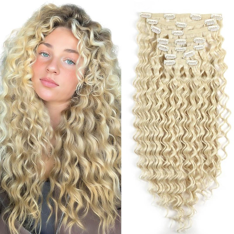 Clip-in Hair Extensions 140G 7pcs Deep Wave Bleach Blonde 613# Synthetic