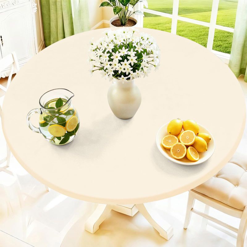 Moosfor Round Spandex Tablecloth Waterproof 51 inch-62 inch Beige