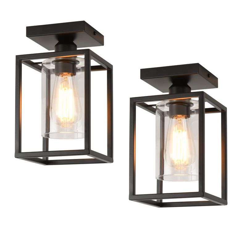 2 Pack Semi Flush Mount Ceiling Light Black Metal Frame Clear Glass Shade