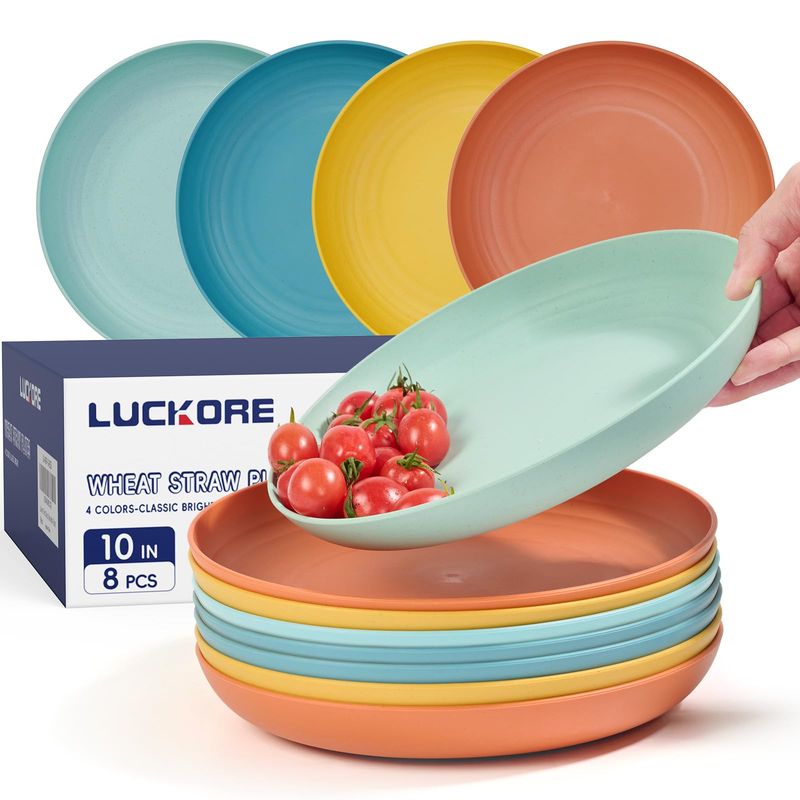 10 inch Deep Dinner Plates Set of 8 Luckore Unbreakable Wheat Straw 4 Colors