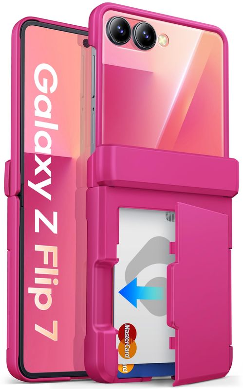 Phone Case for Samsung Galaxy Z Flip 7 with Card Holder, Hinge Protection, Pink