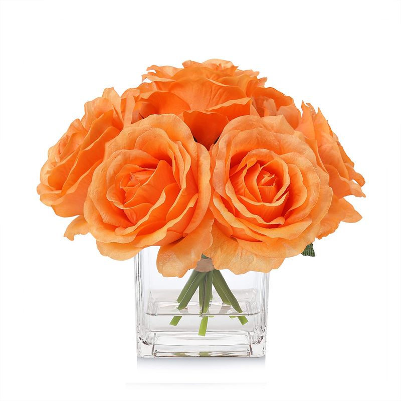Silk Rose Floral Arrangement with Faux Water in Vase Orange Home Decor