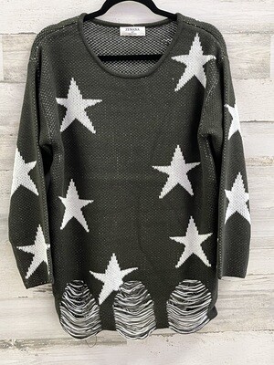 Green Distressed Star Sweater