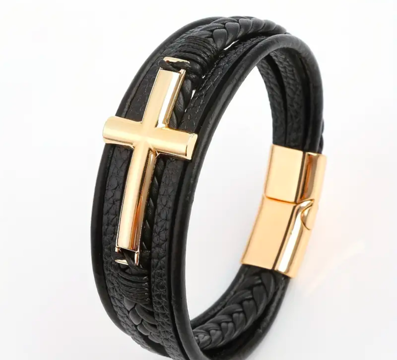 Men&#39;s Cross Leather Bracelet