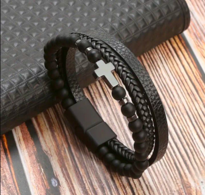 Men&#39;s Beaded Crucifix 3 Fold Leather Bracelet