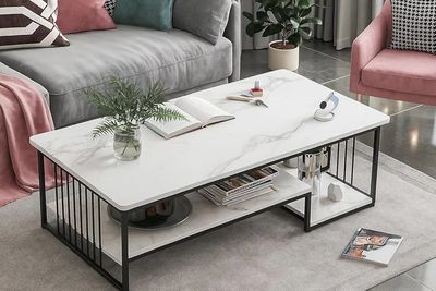 Coffee Tables Faux Marble Top, 2 Tier Wooden Centre Tea Table with Metal Frame, Easy to Assemble Modern Occasional Dining Table for Living Room (Black White)