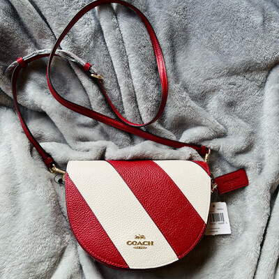 Coach Ellen Crossbody Pebble Leather Bag Striped Red Chalk 