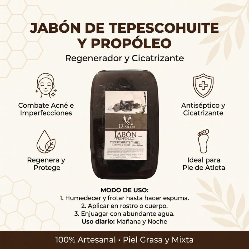 Jabón de miel con tepescohuite y propoleo
Jabon
miel
Tepezcohuite
propoleo
Guatemala
Mielen Guatemala