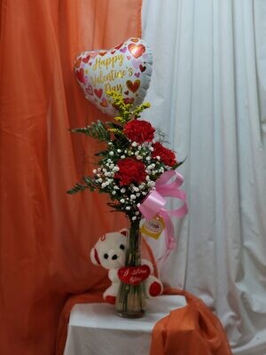 3 Red Carnations, Balloon and small Teddy