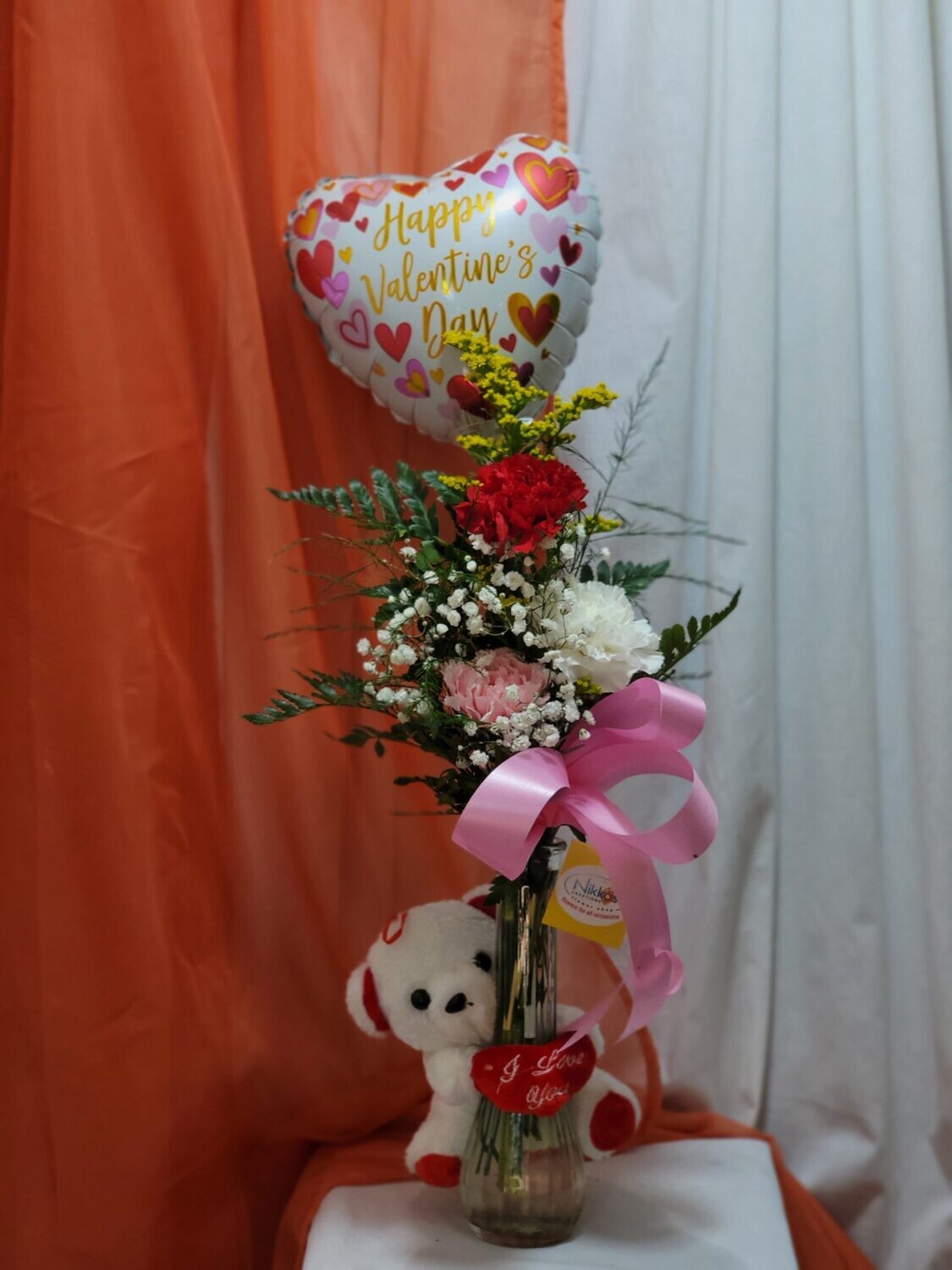 1 Pink, 1 Red, 1 White carnation, Teddy and Balloon