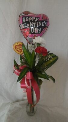 Valentine - 2 red and white Carnations in a vase with a balloon