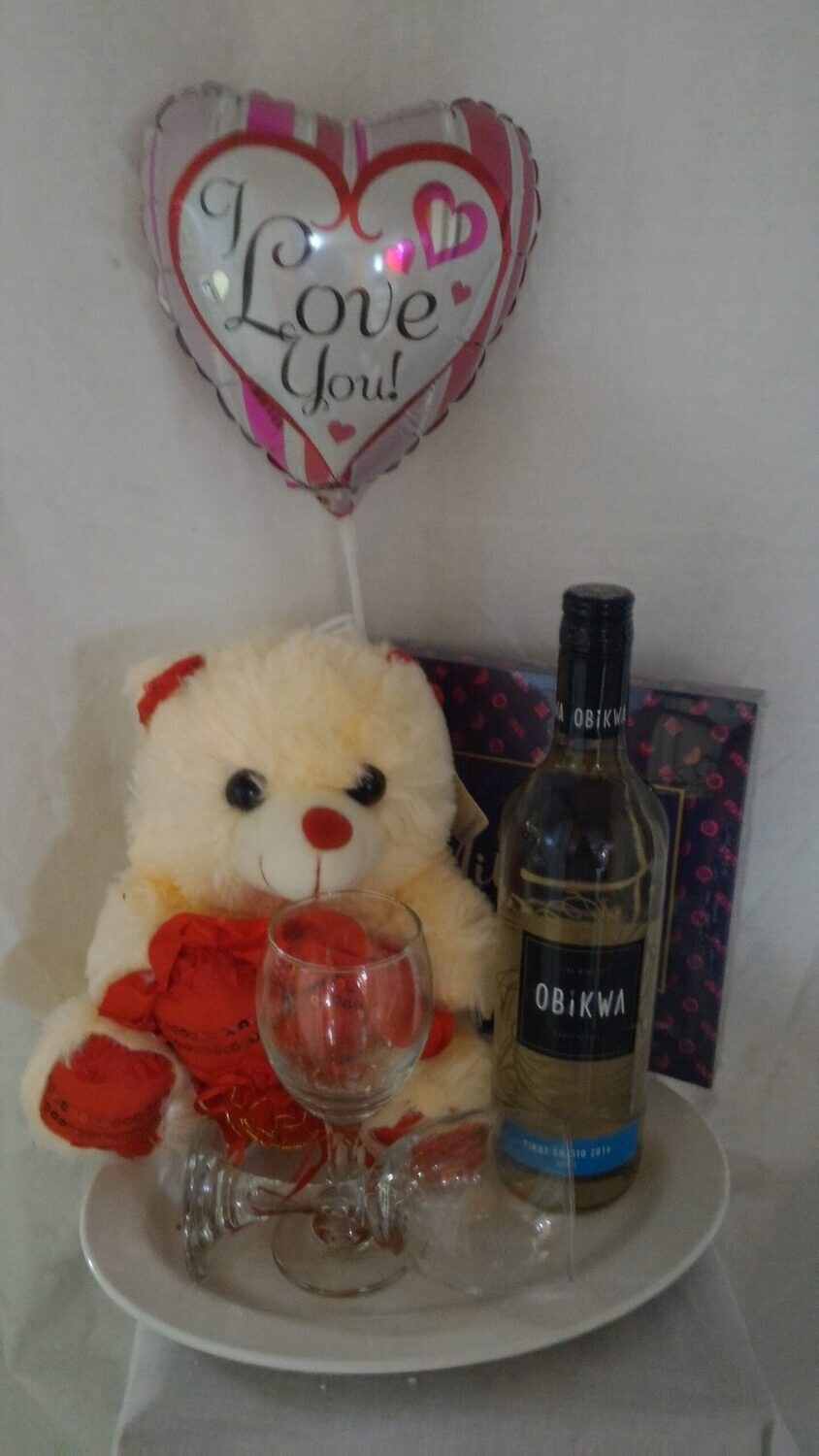 Large Wine, teddy, chocolate, balloon with wine glasses