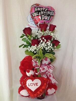 6 Roses,  15" Teddy, Balloon