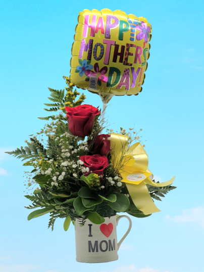 3 Roses in a Mom Cup/Mug and Balloon