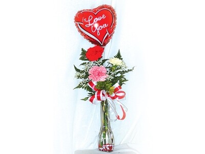 Valentines  - 3 mix Carnations in a Vase with a Balloon