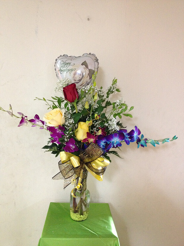 3 Roses, 3 Orchids and Balloon in a Vase