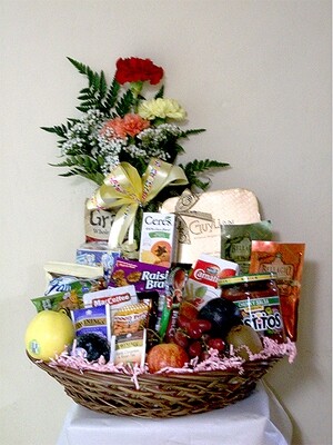 Fruit, Snacks, Cheese, Crackers, Chocolates, Wine with 3 Carnations in a vase