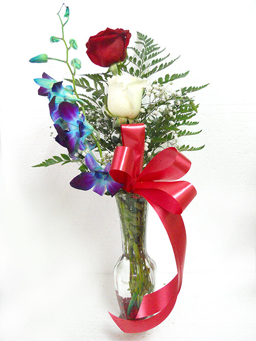 2 Roses and 1 Orchid in a vase