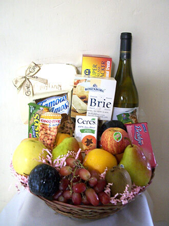 Fruit, Chocolates, Cheese, Crackers and Wine