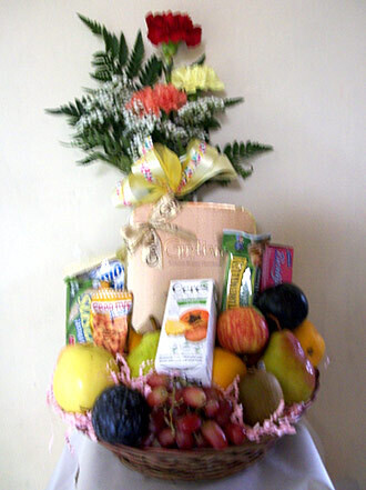 Fruit, Chocolates with 3 Carnations in a vase