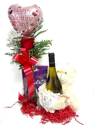 1 Rose, Medium Teddy, Wine, Chocolate, Balloon