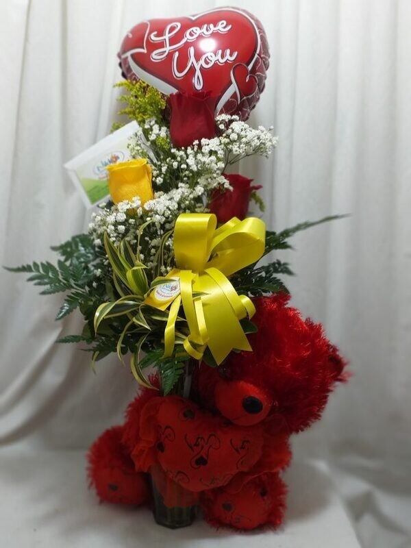3 Roses, 15" Teddy and a balloon