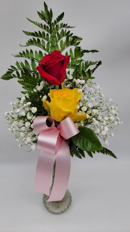 2 mix roses in a vase.