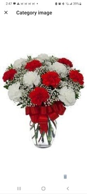Carnations - 12 red and white in a vase