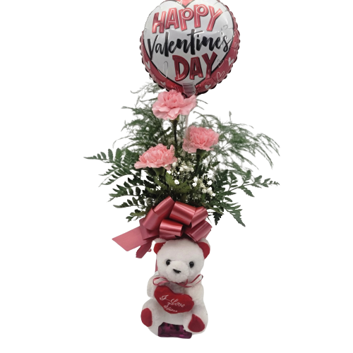 3 Pink Carnations in vase with balloon and small teddy