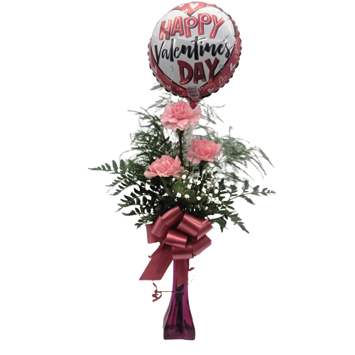 3 Pink Carnations in a vase with a balloon